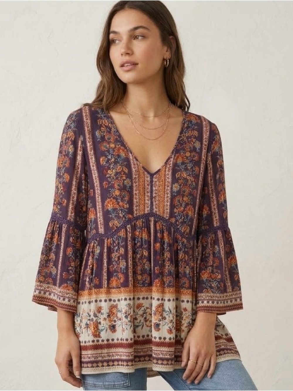 Altar’d State Boho Floral Bell Sleeve Tunic Top Empire Waist Deep V-Neck